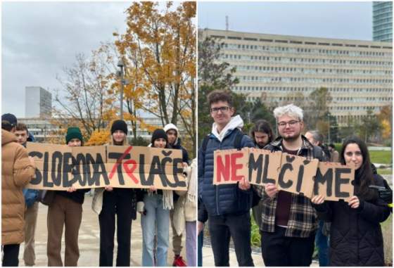 Študenti žurnalistiky protestovali pred Úradom vlády voči prístupu Fica a Pellegriniho k médiám (video+foto)